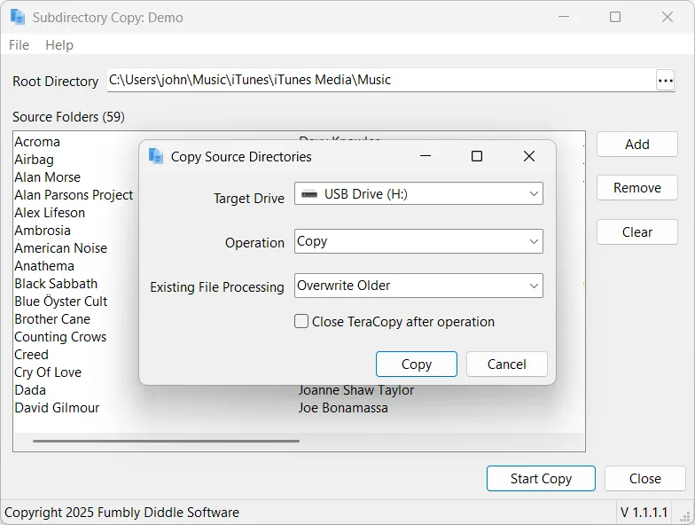 Subdirectory Copy application Copy configuration